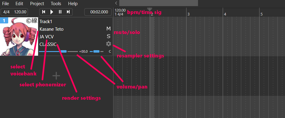 main menu of openutau. the left box has buttons that let you change the voicebank/singer, the phonemizer, the renderer, the resampler, as well as other features familiar to those who have used a DAW, such as volume and pan sliders and mute/solo buttons.